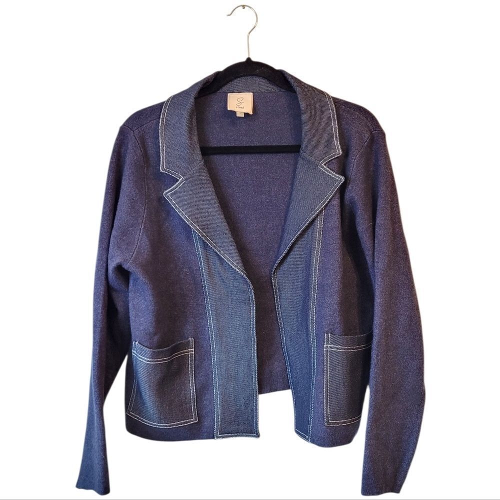 Sioni Women's Dark Blue Stretch Denim Knit Blazer Size L